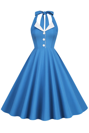 Robe Hepburn Style Halter Neck Bleu Années 50
